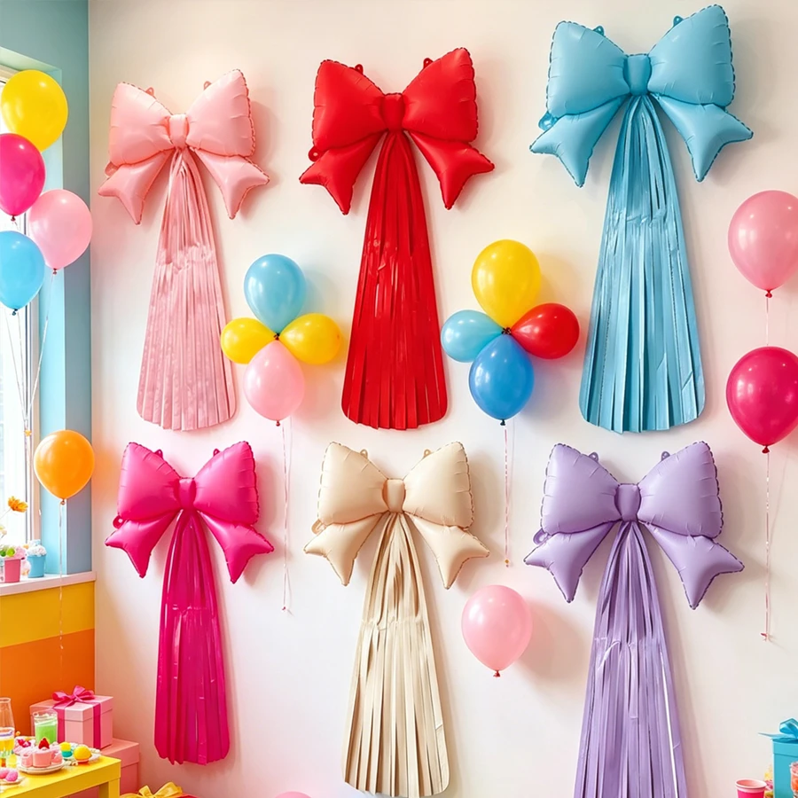 2pcs/Set Foil Bow-Shaped Tassel Ribbon Balloons, Bow-Shaped Tassel Ribbon Design, Suitable For Wall Hanging, Photo Backdrop Decoration And Other Decorative Scenes. Various Balloon Styles, Suitable For Birthday Parties, Bachelor Parties, Weddings And Gender Reveal Parties And Other Indoor Decoration Occasions. - Two Conjoined Bow Tassels - View 1