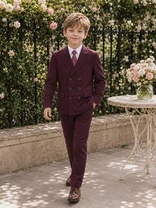 Tween Boy Suit Tuxedo Formal Wear For Hosting, Piano Recital, Wedding Page Boy, 3 Pieces Set (Blazer + Pants + Tie) - Red - View 5
