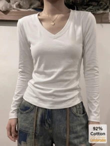 Kaos Wanita Lengan Panjang Leher V Putih, Lapisan Dalam Musim Gugur/Dingin, Potongan Ramping, Warna Polos yang Menawan, 92% Atasan Kasual - Putih - View 4