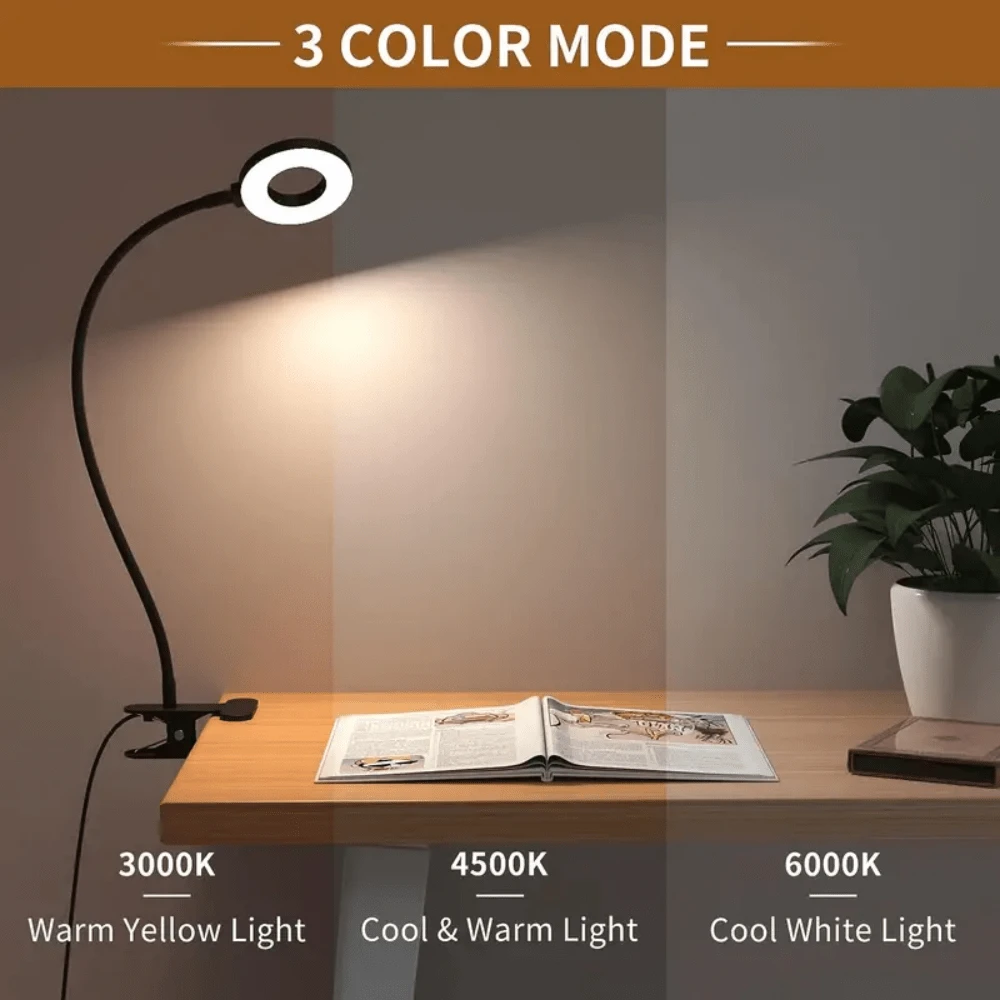 1 pieza Lámpara de escritorio LED con clip, adecuada para oficinas en casa, con 3 modos y 10 niveles de brillo, diseño de cuello de cisne flexible, ideal para dormitorios, salas de estudio, salas de estar, oficinas, dormitorios, bares, fiestas, restaurantes - Perfecta como regalo de Halloween