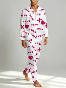 2pcs Men's Pajama Set, Satin Silk Heart Print Button Long Sleeve Top And Pants Lounge Wear Set, Autumn/Winter, Perfect Gift - Multicolor - View 2