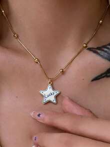 1pc Stainless Steel Chain Star Pendant Necklace LOVE Letter Oil Drop Exquisite Pendant Necklace Women's Fashion Jewelry Versatile Accessory - Multicolor - View 4