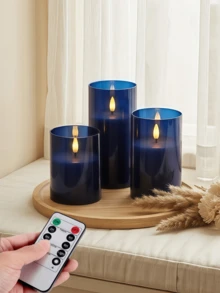 1件/2件/3件 LED蠟燭（附/不附遙控器）、無焰蠟燭、蠟燭加熱器、蠟燭燈、LED柱狀蠟燭、3D動態火焰電池供電蠟燭（不含電池），適用於節日、婚禮、禮品、壁爐、家居裝飾（深藍色，3英吋 x 4英吋 5英吋 6英吋） - 深藍色 - 查看 1