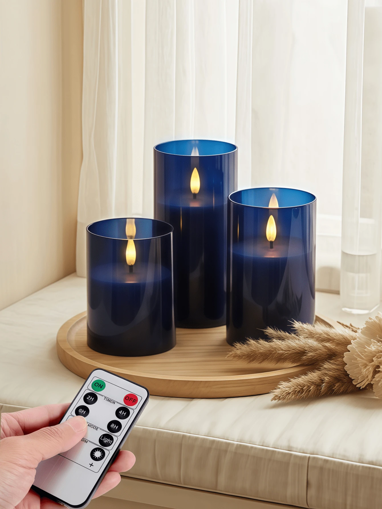 1件/2件/3件 LED蠟燭(附/不附遙控器)、無焰蠟燭、蠟燭加熱器、蠟燭燈、LED柱狀蠟燭、3D動態火焰電池供電蠟燭(不含電池),適用於節日、婚禮、禮品、壁爐、家居裝飾(深藍色,3英吋 x 4英吋 5英吋 6英吋) - 深藍色 - 查看 1
