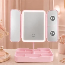 LED 3-Fold Makeup Mirror, 2X/3X Real Magnification, 3 Lighting Modes, Foldable Storage, Rotating Vanity Mirror With Storage Base, Touch Control, USB Rechargeable, Suitable For Makeup/Office/Bedroom - Multicolor - View 13