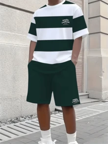 Men's Plus Size Minimalist Striped Casual Set, Letter Print Short Sleeve T-Shirt + Shorts, Sporty 2-Piece Outfit - Multicolor - View 1