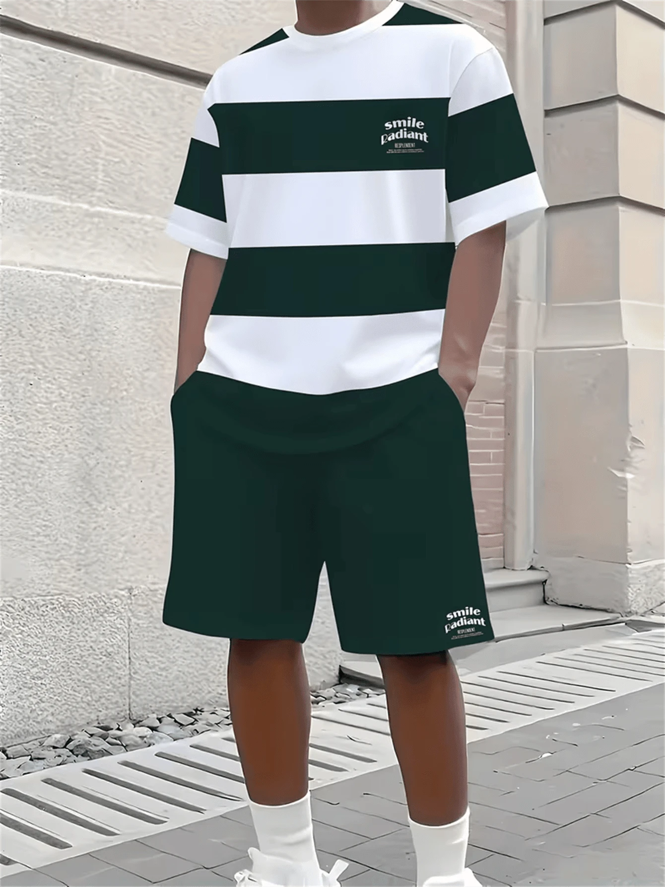 Men's Plus Size Minimalist Striped Casual Set, Letter Print Short Sleeve T-Shirt + Shorts, Sporty 2-Piece Outfit - Multicolor - View 1