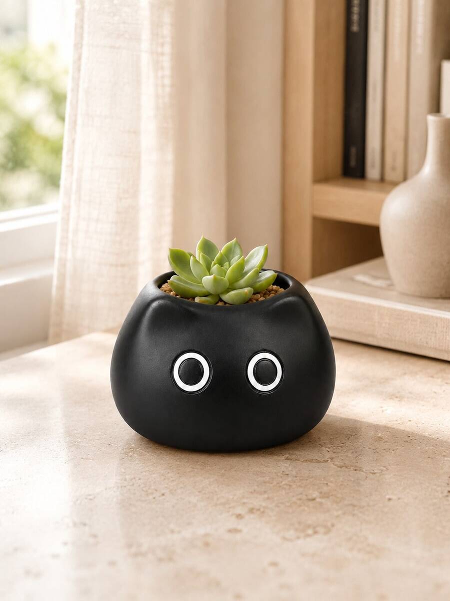 Cute Black Cat Succulent Planter, Mini Cat Flower Pot, 3-Hole Cactus Pot, Desktop Windowsill Plant Pot, Bookshelf Tabletop Decor, Home Office Decor, Cat Lover Gift, Fall Halloween Decor - A - View 1