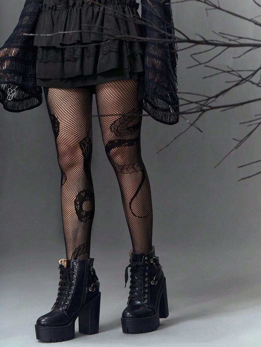 1 Pair Snake Skin Mesh Stockings, Suitable For Halloween - Black - View 1