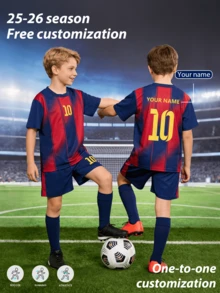 Personalized Boys Football Kit Navy Blue Red No. 10 2-Piece Set, Custom Name/Club Soccer Jersey And Shorts, All-Over Print Sports Player Uniform - Navy Blue - View 6