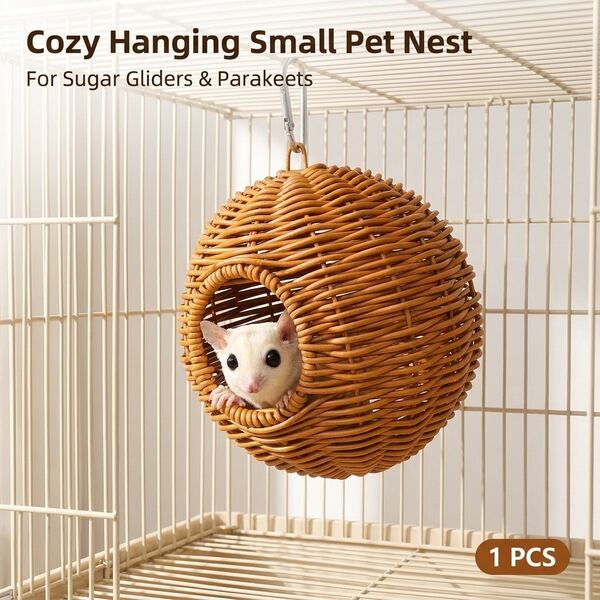 Handmade Faux Rattan Hanging Nest, Breathable Summer Sleeping Hut For Sugar Gliders, Tiger Skin Peony Cockatiel Parrot Hideout, All-Season Spherical Rattan House, Chew-Resistant Claw- Cage Interior Decor, Flying Squirrel Flower Branch Rat Breeding Nest, Hanging Cage Nest For Small Arboreal Pets