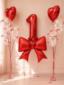 32pcs/Set Birthday Balloon Set, Large Red Bow Foil Balloon, Giant Red 0-9 Birthday Number Balloon, 18-Inch Red Heart Balloon, Transparent Latex Balloon, Suitable For Birthday Party, Anniversary Decoration - Red Heart Style - View 2
