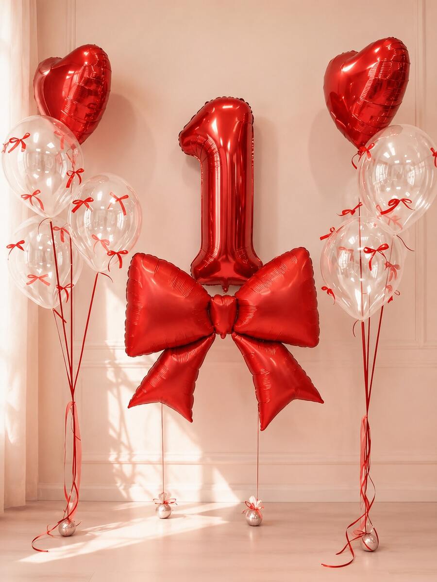 32pcs/Set Birthday Balloon Set, Large Red Bow Foil Balloon, Giant Red 0-9 Birthday Number Balloon, 18-Inch Red Heart Balloon, Transparent Latex Balloon, Suitable For Birthday Party, Anniversary Decoration