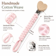 [Estilo de marco de madera con forma de corazón] 1 pieza Cadena de chupete de tela tejida a mano, opciones de varios colores, juguete mordedor de chupete con cordón anti-pérdida - Cadena para chupete con clip de madera en forma de corazón - Ver 3