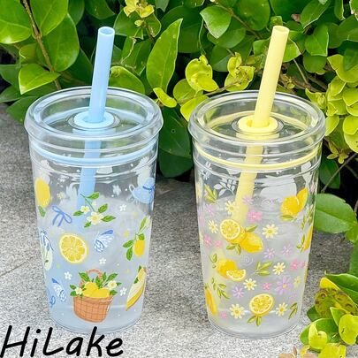 HILAKE 1 pieza Botella de agua de 16 oz con estampado de limón azul y amarillo, con tapa y pajita, adecuada para café helado, agua de frutas frescas, actividades al aire libre de verano, picnic, playa, oficina e hidratación deportiva, regalo perfecto para compañeros de clase y colegas durante la temporada de regreso a la escuela