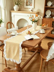 1/20PCS French Style Plaid Vintage Ruffle Edge Table Runner, Suitable For Living Room, Dining Room, Holiday Party, Family Gathering, Wedding Banquet, Birthday Table Decoration, Washable - Yellow - View 3