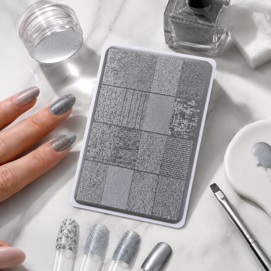 Metal Texture Plaid Nail Art Stamping Plate, Full Surface Fine Grid Coarse Texture Mottled Grain With Multiple Silver Tone Textures, Deep Etching Restoring Delicate Fabric Particle Texture, Uniform And Complete Transfer Lines Without Bleeding, Multiple Vintage Silver Gray Patterns For Free Splicing, High-End Cold Tone Minimalist Nail Art Style - Multicolor - View 1