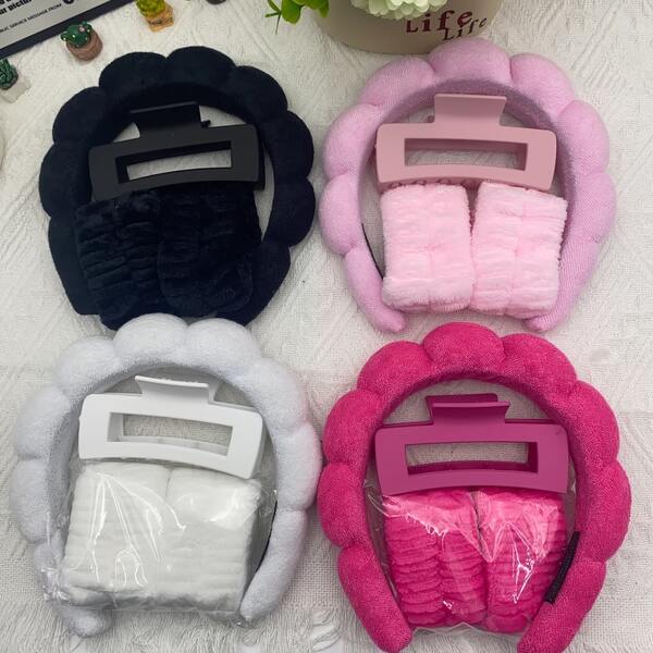 Coral Fleece Towel Cloud Headband Square Clip Wristband Set High Skull Top Cloud Sponge Headband Non-Slip Square Clip Wristband 4pcs Set Special For Washing Face And Makeup Soft, Skin-Friendly, Non-Head-Pressing