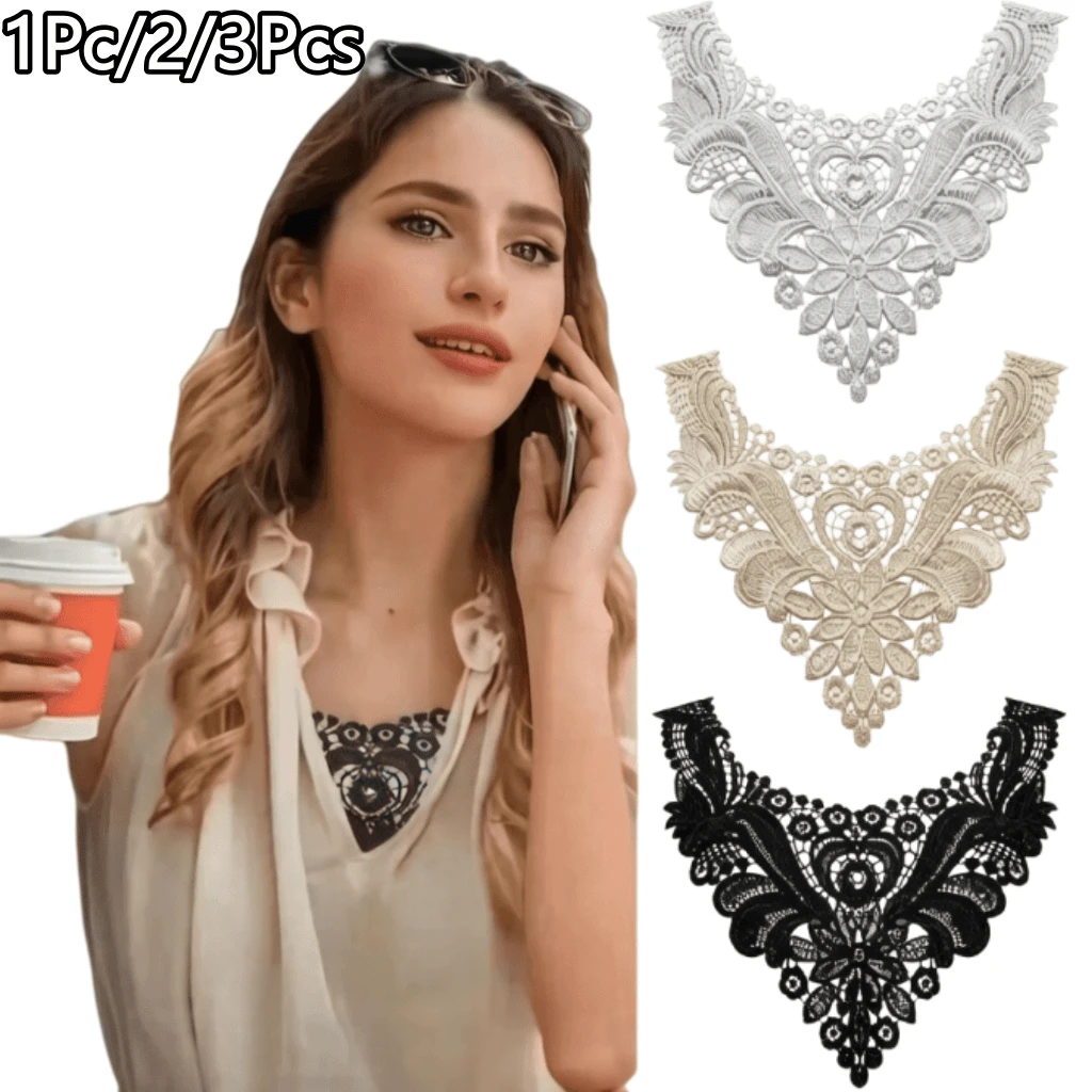 1Pc/2/3Pcs Elegant Water-Soluble Embroidery Lace Collar - Featuring Floral And Lace Patterns, Available In Black/White/Apricot, Suitable For Shirts And Jackets, Ideal For Sewing Projects - Multicolor - View 1