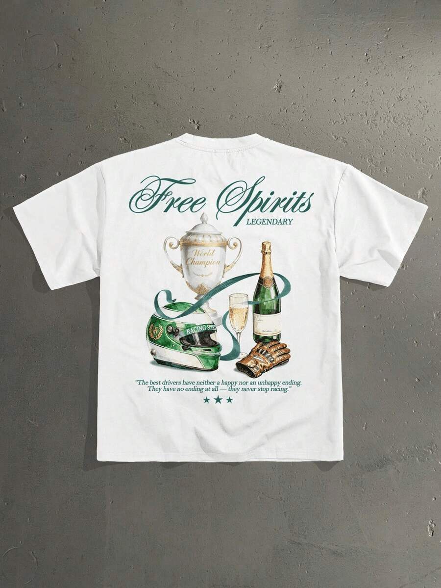 T-shirt à manches courtes et coupe ample avec motif de trophée de champion de course américain vintage, un vêtement décontracté et tendance pour les rendez-vous et les rassemblements, cadeau pers - Blanc - Voir 1