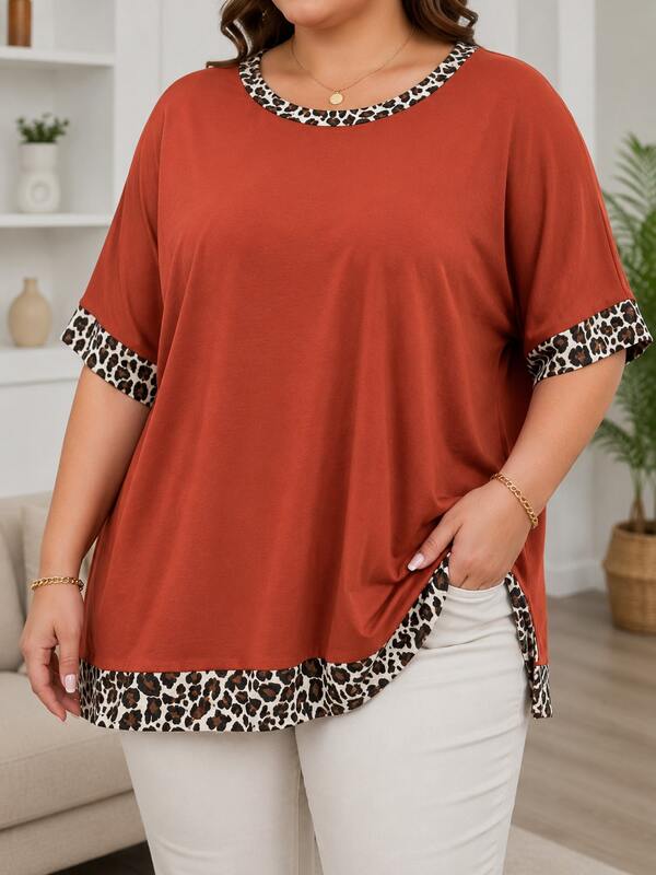 Blusa Feminina Plus Size Oversize Túnica Manga Curta Gola Redonda em Visco Lycra Premium com Detalhes Animal Print Modelagem Ampla Casual Confortável