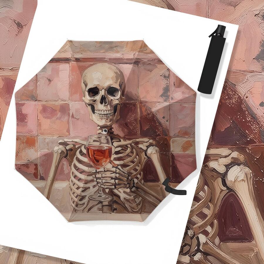 Paraguas de viaje plegable con diseño de esqueleto de Halloween, paraguas compacto a prueba de viento con estampado divertido de copa de vino y calavera para mujeres, estética gótica de academia oscura, sombrilla ligera y portátil, regalo de temporada espeluznante para amantes del vino - Vino tinto Skull - Ver 1
