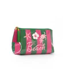 彩色條紋海灘化妝包，印有「Beach」圖案，海灘包，盥洗包，附流蘇拉鍊，可愛彩色海灘圖案裝飾，防水 PVC 盥洗包，便攜旅行化妝收納包，多功能盥洗包，度假化妝收納包，適合海灘、泳池、郵輪和假期必需品，生日禮物，派對禮物，婚禮禮物，開學禮物，旅行紀念品 - 彩色 - 查看 21
