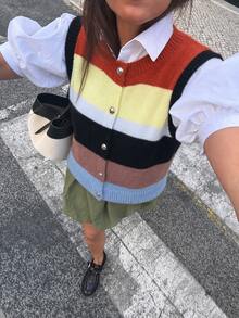 秋冬女款彩色條紋針織背心開襟圓領學院風優雅休閒時尚街頭風夏季 - 彩色 - 查看 1