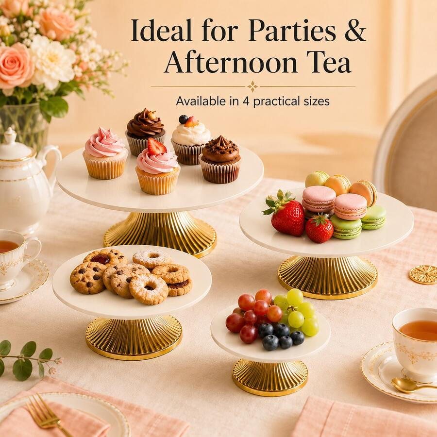 1pc Cream Acrylic Round Dessert Tray With Gold Base, Elegant Cake Plate Fruit Tray, Cupcake Display Stand For Party Afternoon Tea And Home Decor - Milky White - View 1