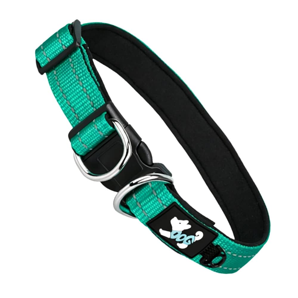 Comfortable Padded Reflective Pet Collar With Double D-Rings, Suitable For Small And Medium Dogs. Soft Neoprene Lining, Comfortable Touch And Doesn't Abrade Fur; Durable Polyester Webbing, Reflective For Nighttime Outings; Double D-Rings Distribute Tension, Can Withstand Greater Pulling Force Without Breaking - Green - View 1