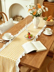 1/20PCS French Style Plaid Vintage Ruffle Edge Table Runner, Suitable For Living Room, Dining Room, Holiday Party, Family Gathering, Wedding Banquet, Birthday Table Decoration, Washable - Yellow - View 2