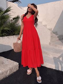 Women's Summer Red Casual Tiered Maxi Dress, V-Neck Sleeveless Fold Loose Fit A-Line Dress,For CoffeeDates,BeachTrips,Travel Summer Dresses For Women - Red Beach Vacation Style - View 5
