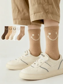 5 Pairs Unisex Kids Smiling Face Theme Short Socks, Breathable Lightweight Comfortable Mid-Calf Socks, Non-Tight Cuff, Highly Attractive Baby Socks, European And American Style Playful Outfit Essential - Multicolor - View 1