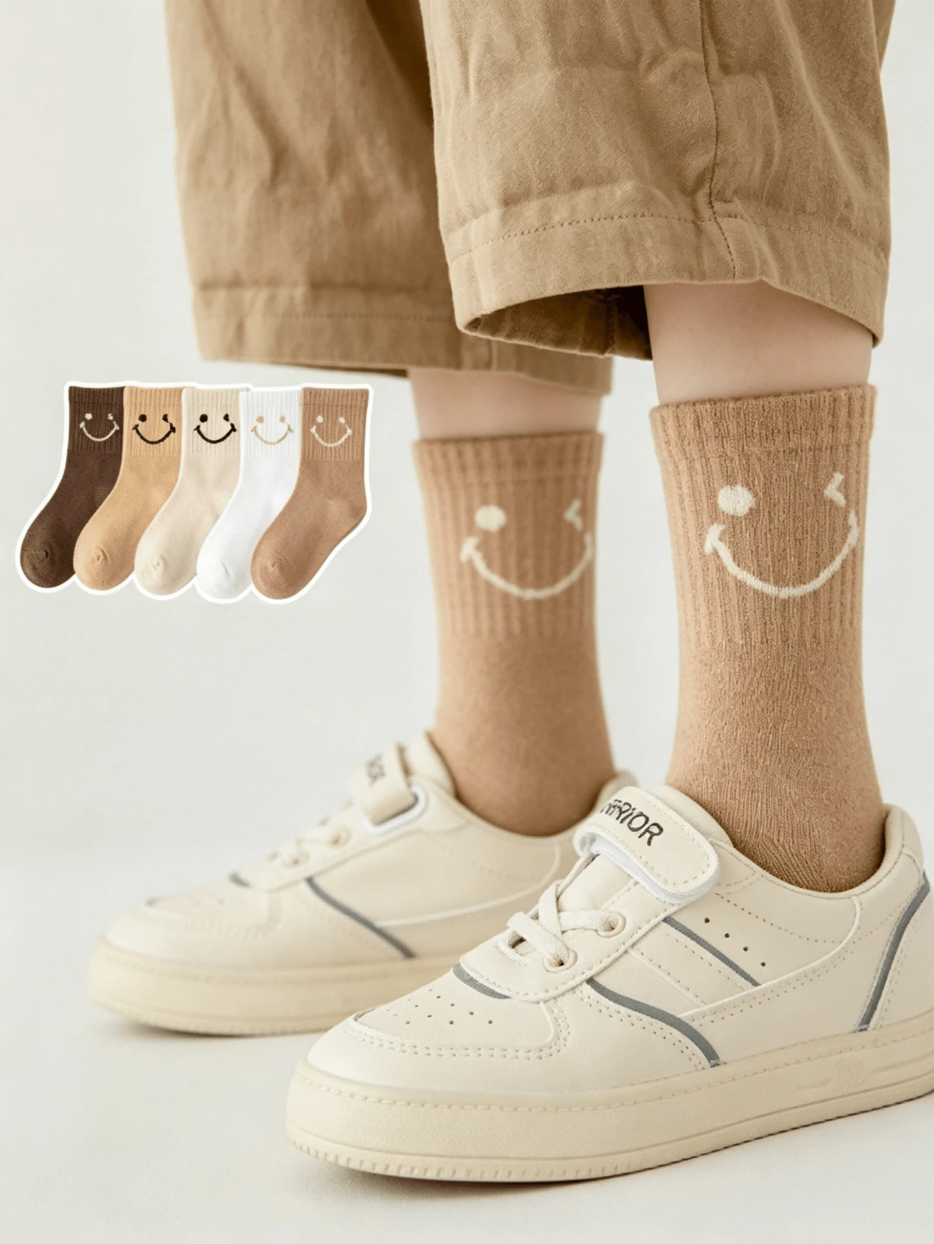 5 Pairs Unisex Kids Smiling Face Theme Short Socks, Breathable Lightweight Comfortable Mid-Calf Socks, Non-Tight Cuff, Highly Attractive Baby Socks, European And American Style Playful Outfit Essential - Multicolor - View 1