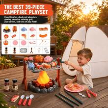 Kids Camping Pretend Play Set With Pop Up Tent, BBQ Grill, Campfire & Cooking Accessories - Indoor/Outdoor Adventure Toy For Toddlers Boys Girls Ages 3+ - Yellow - View 6