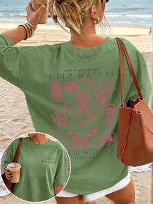 Cute Marine Life Print Women's Loose T-Shirt, Round Neck Short Sleeve Summer Top, Vintage Street Style Washed Cotton Graphic Tee For Vacation Daily - 綠色 - 查看 1