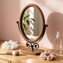 1pc Vintage Wooden Makeup Mirror, Bedroom Tabletop Mirror, Chinese Style Standing Rotatable Vanity Mirror For Home - Multicolor - View 5