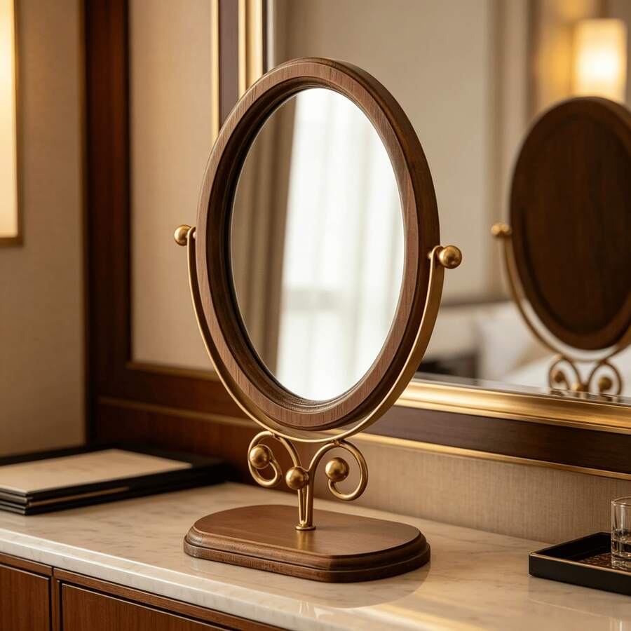 1pc Vintage Wooden Makeup Mirror, Bedroom Tabletop Mirror, Chinese Style Standing Rotatable Vanity Mirror For Home - Multicolor - View 1