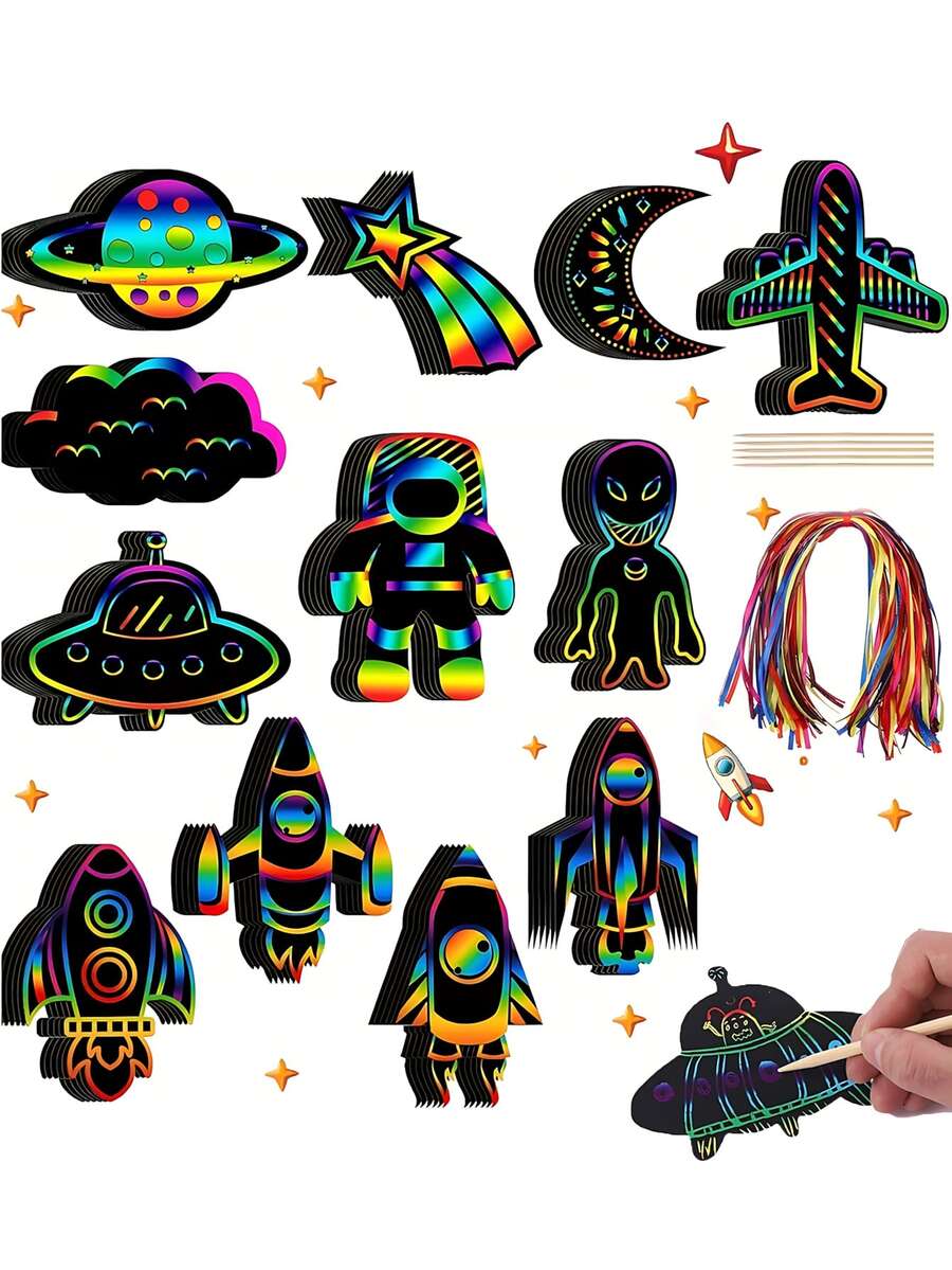 84件太空火箭太空人刮畫書籤套裝,太空刮畫書籤,彩虹刮畫剪紙,DIY刮畫書籤,返校用品,適合生日派對禮物、返校、教室藝術活動、太空主題教室裝飾、禮物袋填充物(多款式) - 火箭書籤 - 查看 1