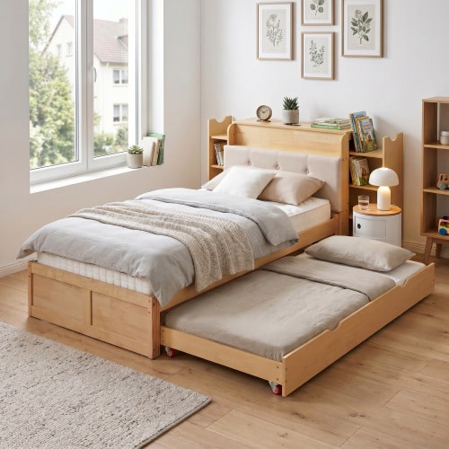 90x200cm Bed With Pull-Out Guest Bed, Multifunctional Study And Sleeping Bed With Upholstered Headboard