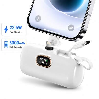 5000mAh Day Out Power Bank 22.5W Fast Charging Portable Charger With Built-In Lightning & Type-C Cables LED Battery Indicator Plug-In Direct Charge Dual Device Support Compact External Battery Pack For IPhone 15 14 13 Pro Max  S24 S23 Ideal For Full Day Trips Outdoor Excursions