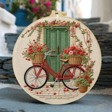 1套手工DIY刺繡套件，20x20cm/7.9x7.9英吋，花卉單車圖案，包含刺繡布料、說明書、刺繡框、針線，適合作為送給朋友或家人的節日禮物，居家與辦公室手工藝術 - A - 查看 14