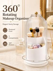 1pc 360° Rotating Makeup Brush & Cosmetics Organizer With Clear Dustproof Lid, 3-Compartment ABS Vanity Storage Caddy, Non-Slip Toothbrush & Toothpaste Holder, Space-Saving Bathroom Countertop Organizer For Home, Dorm & Apartment - View 2