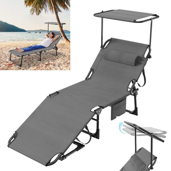 Klappbarer Strandliegestuhl für Strand und Garten, Liegestuhl mit verstellbarem Sonnendach und Kissen, tragbarer Outdoor-Sessel im modernen Stil