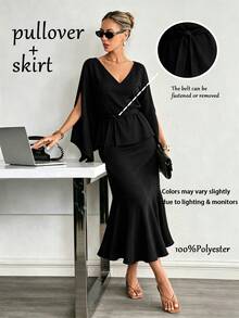 Damen Mode Schwarzes V-Ausschnitt 2 Stücke Set, beinhaltet Langarm-Top mit Bindung vorne und ausgestellter Midi-Rock, eleganter lässig-Stil, geeignet als Gast-Outfit - Schwarz - Übersicht 1