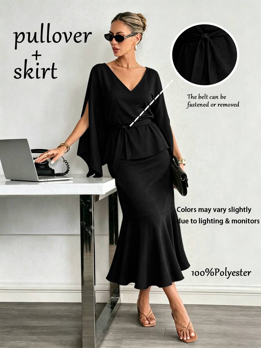 Damen Mode Schwarzes V-Ausschnitt 2 Stücke Set, beinhaltet Langarm-Top mit Bindung vorne und ausgestellter Midi-Rock, eleganter lässig-Stil, geeignet als Gast-Outfit - Schwarz - Übersicht 1