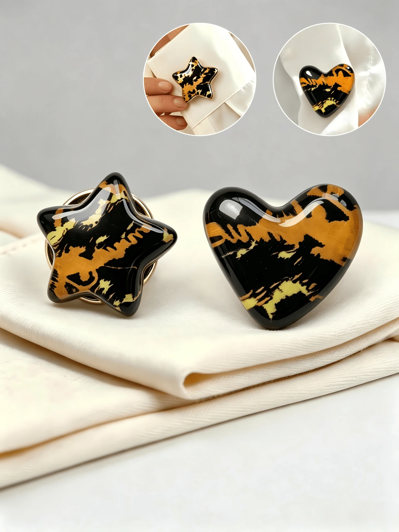 Vintage Marble Heart & Star Clip On Cuff Button Covers, Decorative Clothing Accessories, Ideal For Daily Shirts, Wedding Gown And Formal Banquet - Multicolor - View 1
