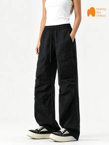 NBCT Women's American Vintage Multi-Pocket Button Cargo Pants, Summer Elastic Drawstring Straight Leg Versatile Casual Long Pants - Black - View 1