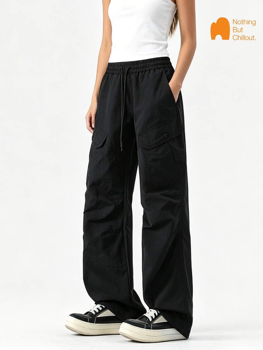 NBCT Women's American Vintage Multi-Pocket Button Cargo Pants, Summer Elastic Drawstring Straight Leg Versatile Casual Long Pants - Black - View 1