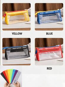 1pc Preppy Colorblock Clear Mesh TPU Oxford Fabric Rectangular Pencil Case With Zipper, Multi-Layer Large Capacity Letter Print Cosmetic Bag, Portable Student School Office College Supplies Desk Stationery Organizer, All-Season - Multiple Colors and Styles - View 11